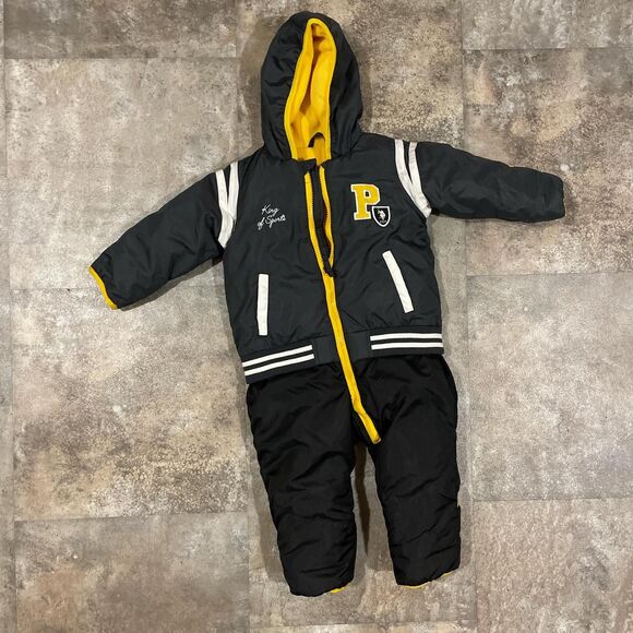 us polo assn 18 month hooded gray and yellow zip up baby snowsuit